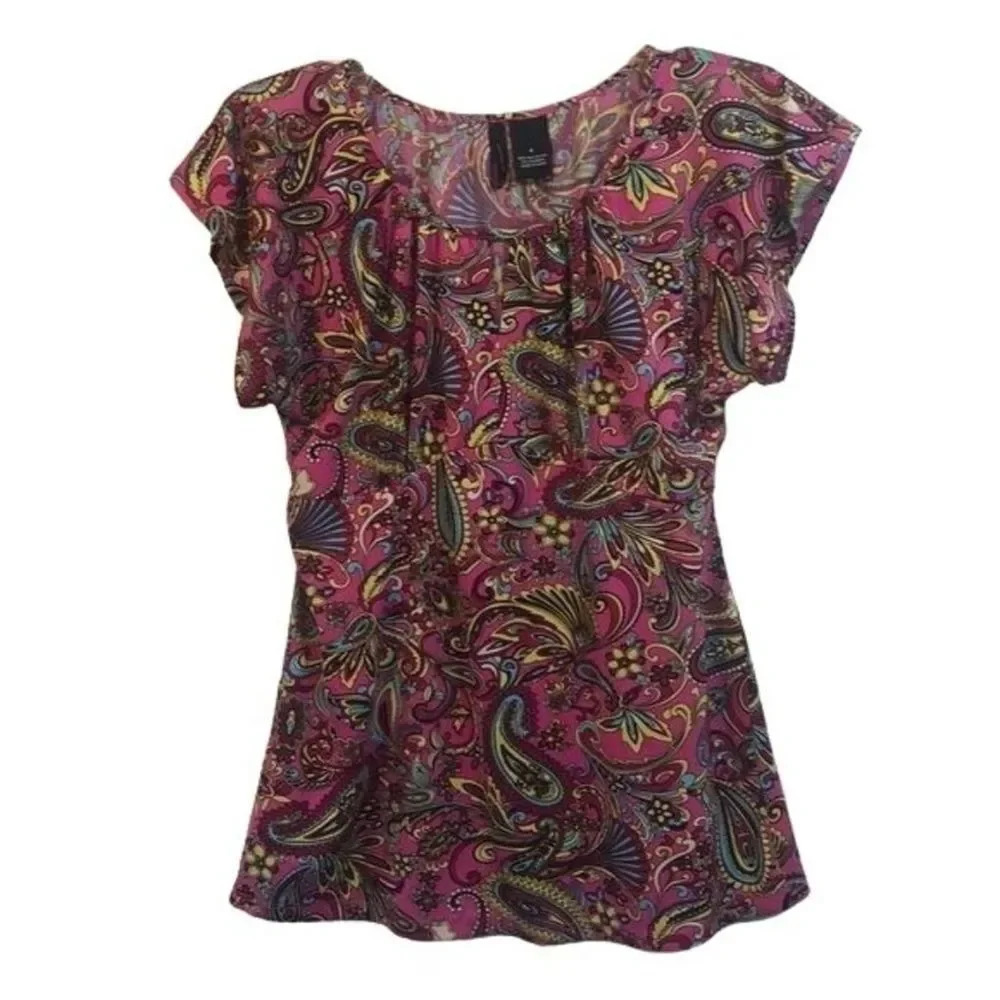 Paisley Print Short Sleeve Blouse Pink‎ Yellow Pattern Top